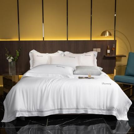 91家纺网 家纺一手货源 找家纺 朵美 2021新款100支天丝全镂空系列四件套 纯白