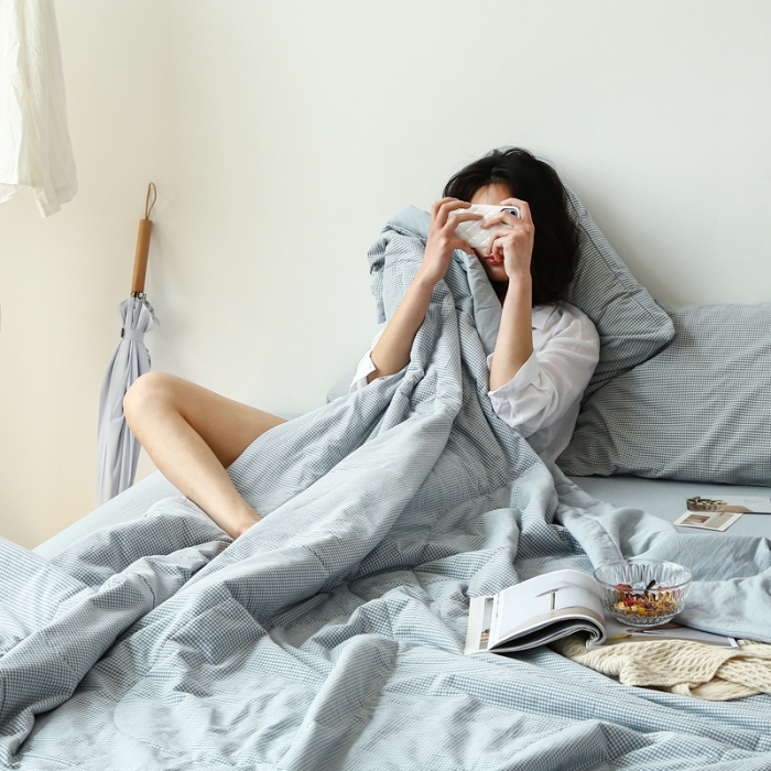 91家纺网 家纺一手货源 找家纺 安莱生活 2021新款夏被系列 浅蓝微小格