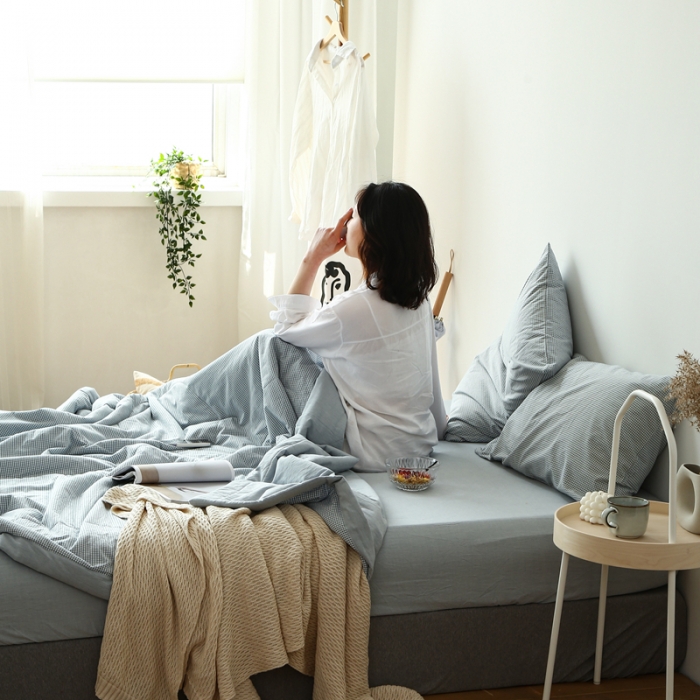 91家纺网 家纺一手货源 找家纺 安莱生活 2021新款夏被系列 浅蓝微小格