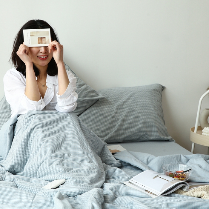 91家纺网 家纺一手货源 找家纺 安莱生活 2021新款夏被系列 浅蓝微小格