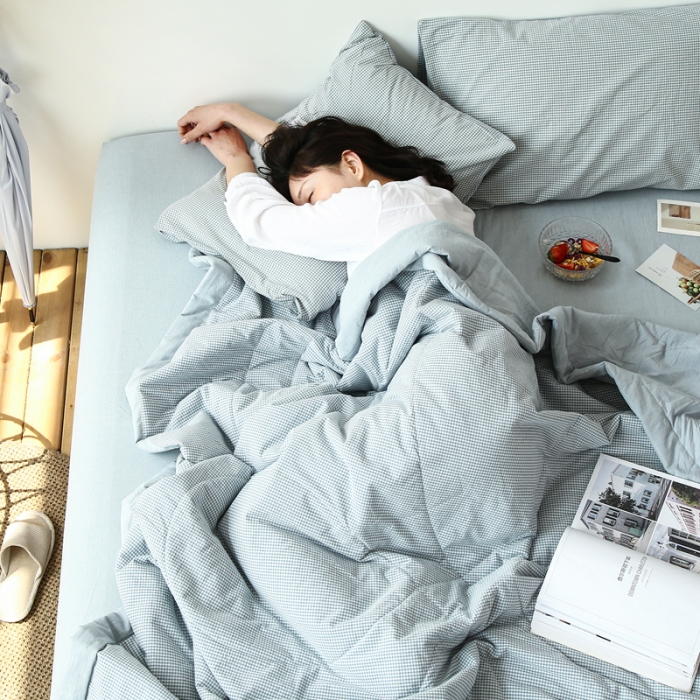 91家纺网 家纺一手货源 找家纺 安莱生活 2021新款夏被系列 浅蓝微小格