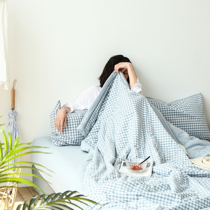 91家纺网 家纺一手货源 找家纺 安莱生活 2021新款夏被系列 浅蓝小格