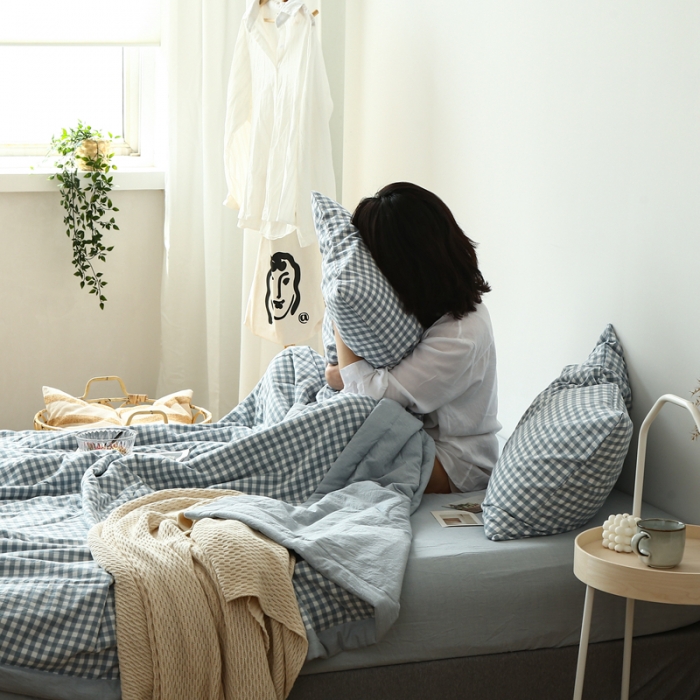 91家纺网 家纺一手货源 找家纺 安莱生活 2021新款夏被系列 浅蓝小格