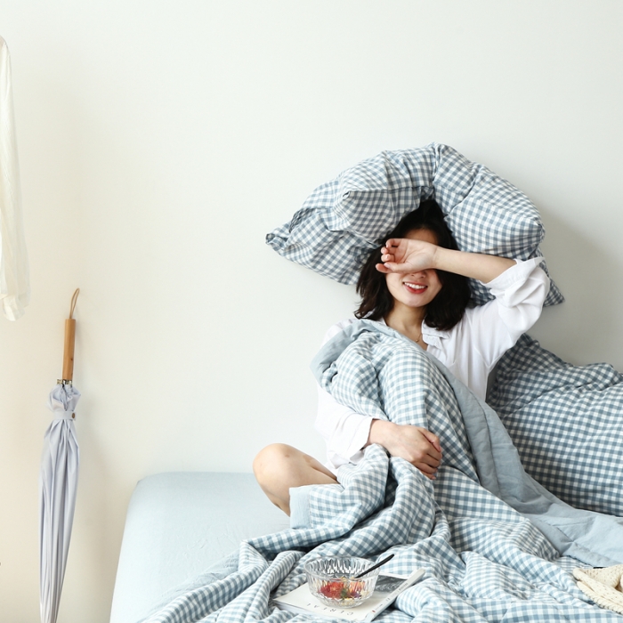 91家纺网 家纺一手货源 找家纺 安莱生活 2021新款夏被系列 浅蓝小格