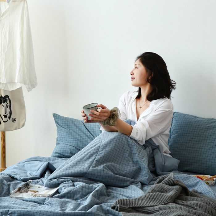 91家纺网 家纺一手货源 找家纺 安莱生活 2021新款夏被系列 雾蓝小格