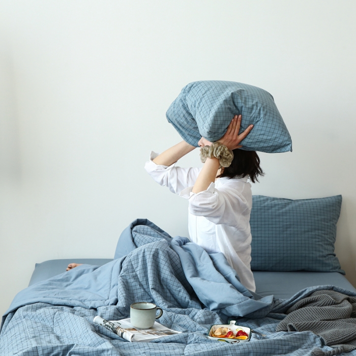 91家纺网 家纺一手货源 找家纺 安莱生活 2021新款夏被系列 雾蓝小格