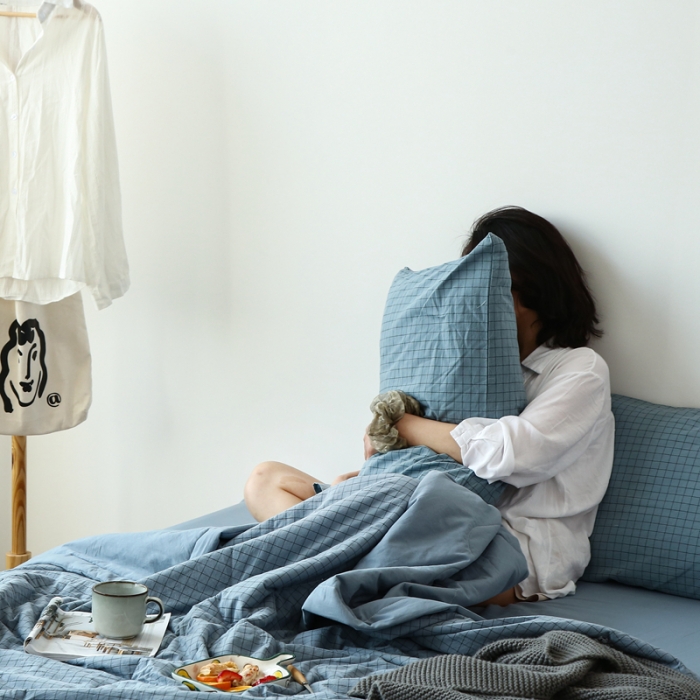 91家纺网 家纺一手货源 找家纺 安莱生活 2021新款夏被系列 雾蓝小格