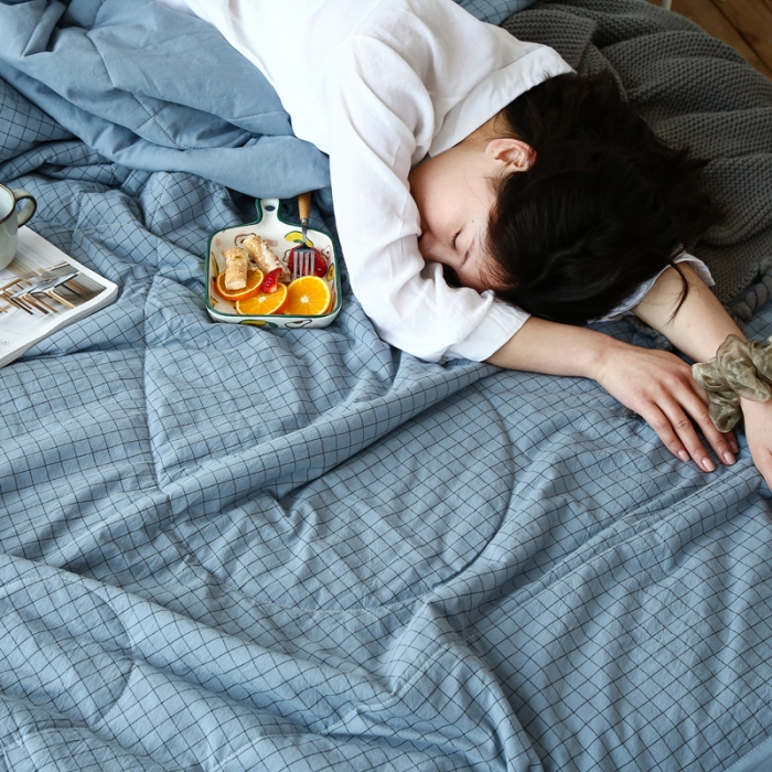 91家纺网 家纺一手货源 找家纺 安莱生活 2021新款夏被系列 雾蓝小格