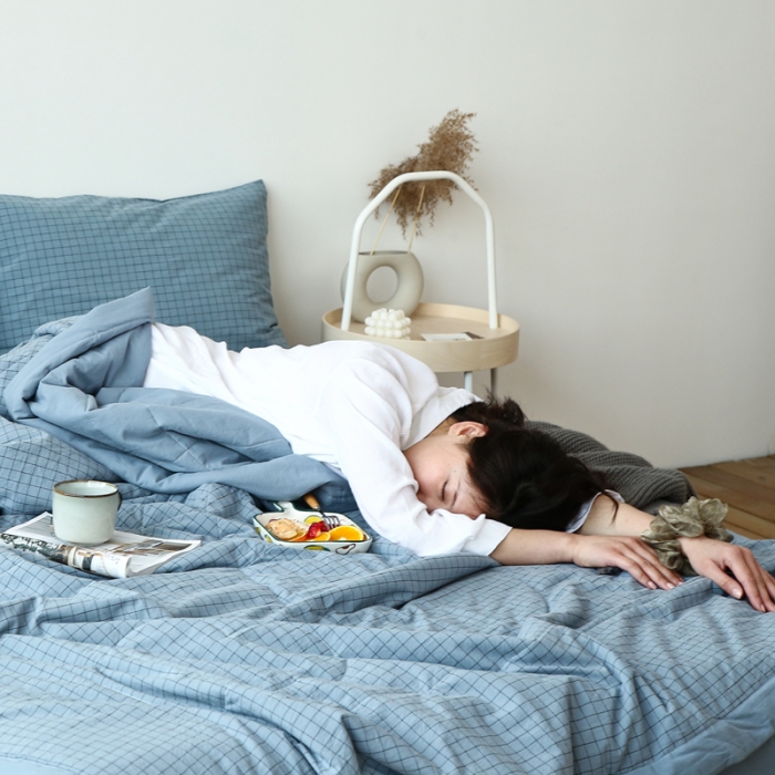 91家纺网 家纺一手货源 找家纺 安莱生活 2021新款夏被系列 雾蓝小格