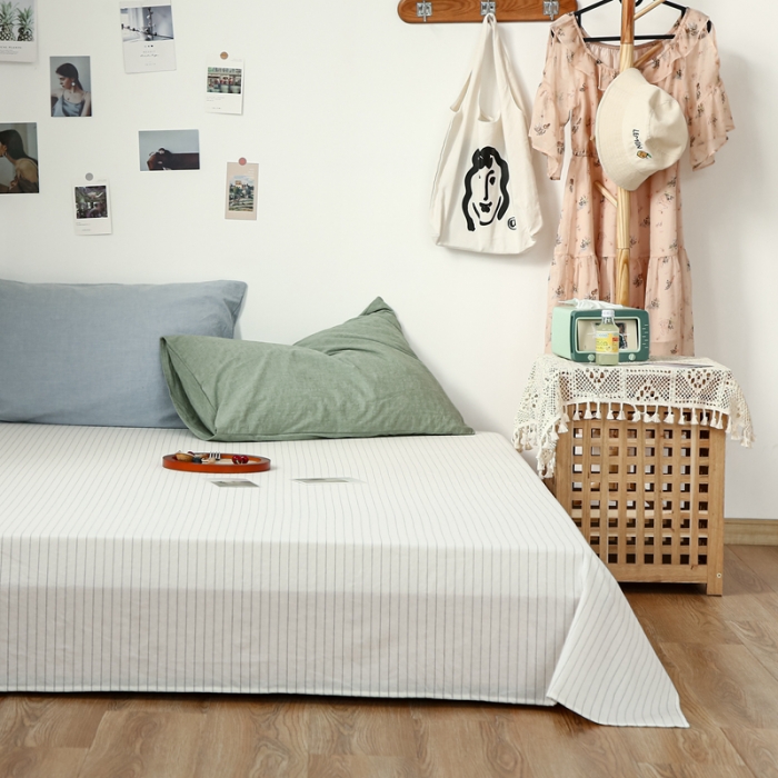 91家纺网 家纺一手货源 找家纺 安莱生活 2021新款色织全棉水洗棉单床单 白灰细条