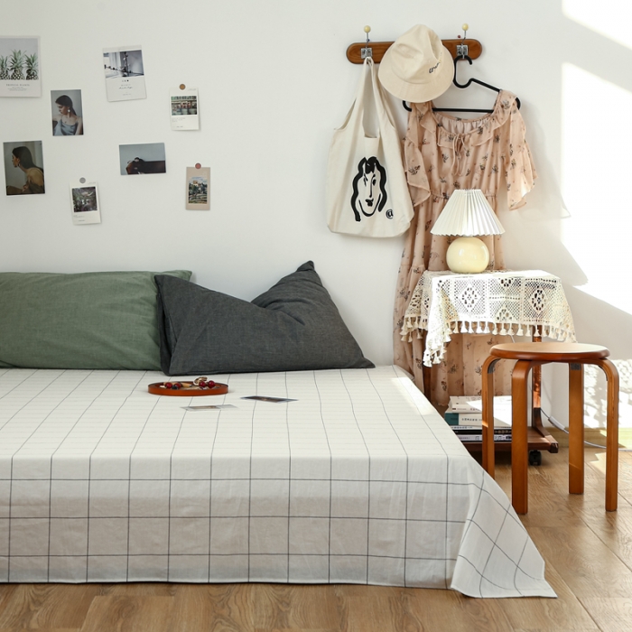 91家纺网 家纺一手货源 找家纺 安莱生活 2021新款色织全棉水洗棉单床单 白灰中格