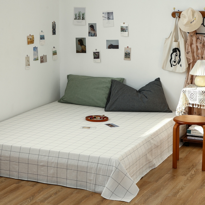 91家纺网 家纺一手货源 找家纺 安莱生活 2021新款色织全棉水洗棉单床单 白灰中格