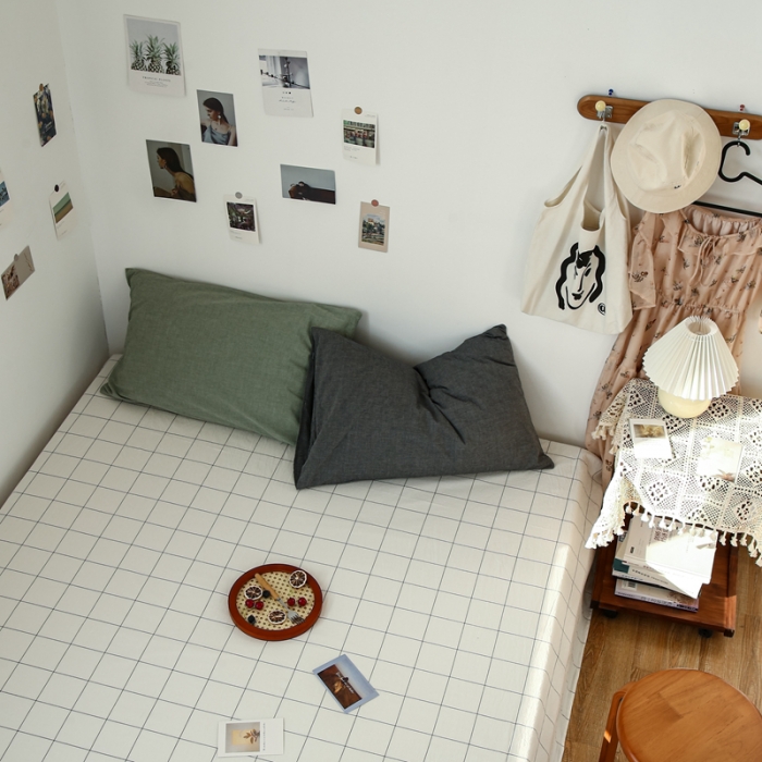 91家纺网 家纺一手货源 找家纺 安莱生活 2021新款色织全棉水洗棉单床单 白灰中格