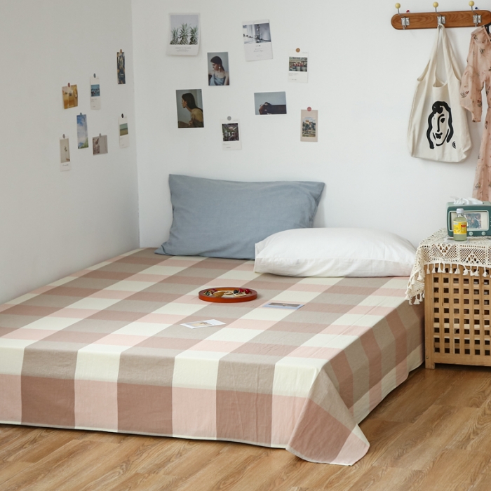 91家纺网 家纺一手货源 找家纺 安莱生活 2021新款色织全棉水洗棉单床单 粉大格