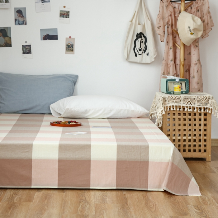 91家纺网 家纺一手货源 找家纺 安莱生活 2021新款色织全棉水洗棉单床单 粉大格