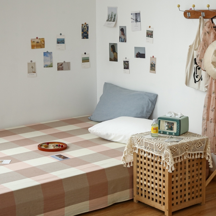 91家纺网 家纺一手货源 找家纺 安莱生活 2021新款色织全棉水洗棉单床单 粉大格