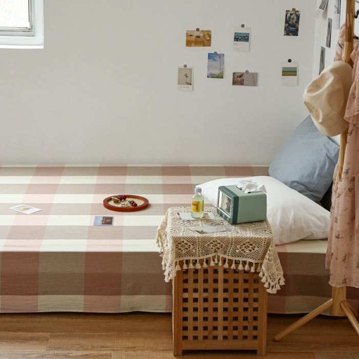 91家纺网 家纺一手货源 找家纺 安莱生活 2021新款色织全棉水洗棉单床单 粉大格