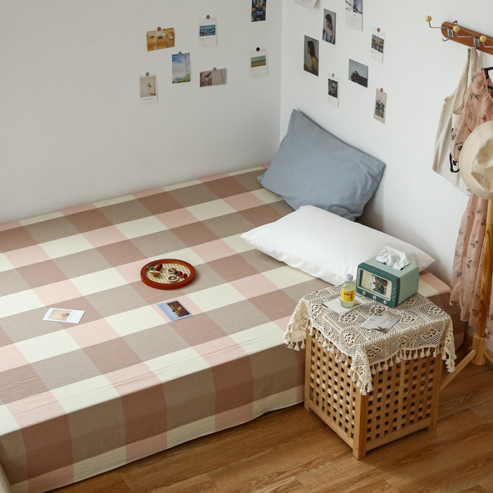 91家纺网 家纺一手货源 找家纺 安莱生活 2021新款色织全棉水洗棉单床单 粉大格