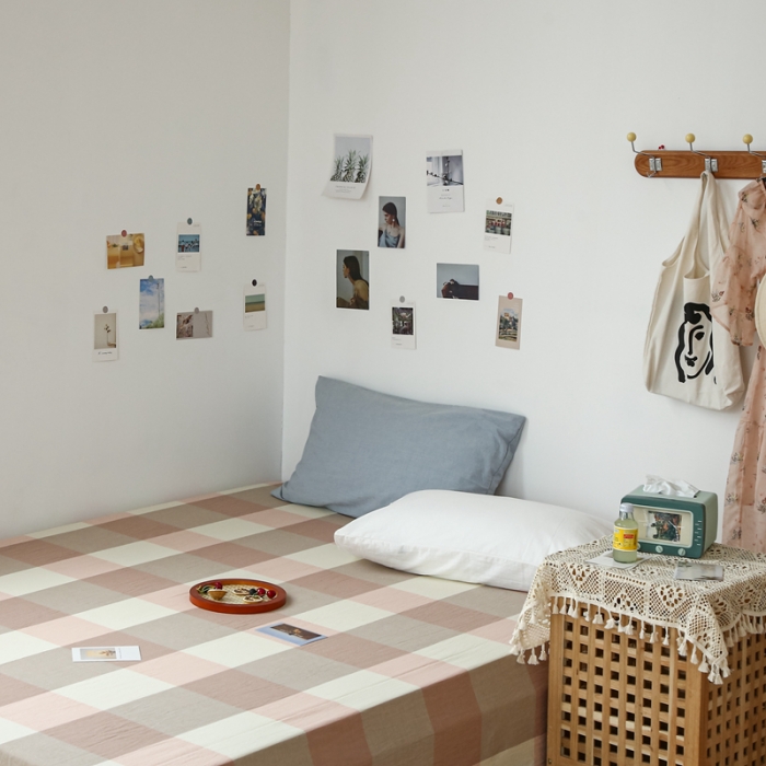 91家纺网 家纺一手货源 找家纺 安莱生活 2021新款色织全棉水洗棉单床单 粉大格