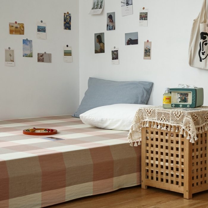 91家纺网 家纺一手货源 找家纺 安莱生活 2021新款色织全棉水洗棉单床单 粉大格