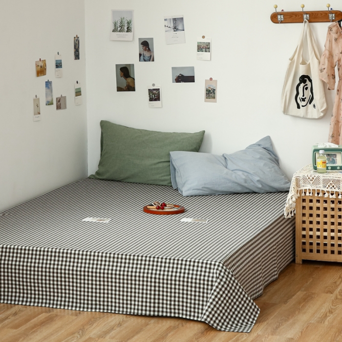 91家纺网 家纺一手货源 找家纺 安莱生活 2021新款色织全棉水洗棉单床单 黑小格