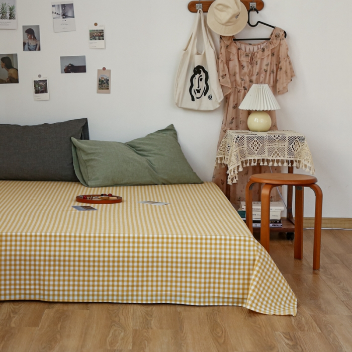 91家纺网 家纺一手货源 找家纺 安莱生活 2021新款色织全棉水洗棉单床单 黄小格