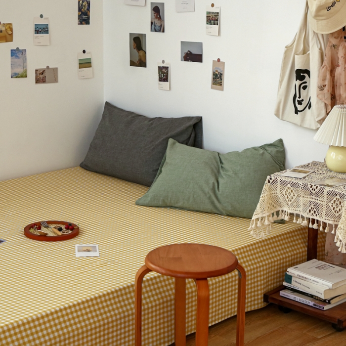 91家纺网 家纺一手货源 找家纺 安莱生活 2021新款色织全棉水洗棉单床单 黄小格