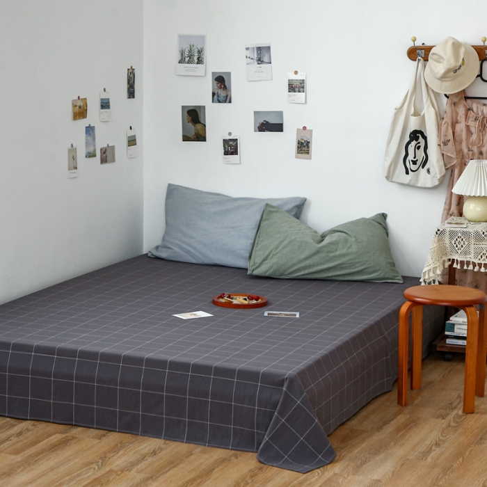 91家纺网 家纺一手货源 找家纺 安莱生活 2021新款色织全棉水洗棉单床单 灰白中格