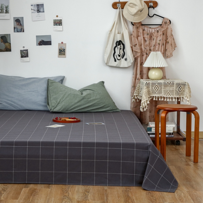 91家纺网 家纺一手货源 找家纺 安莱生活 2021新款色织全棉水洗棉单床单 灰白中格