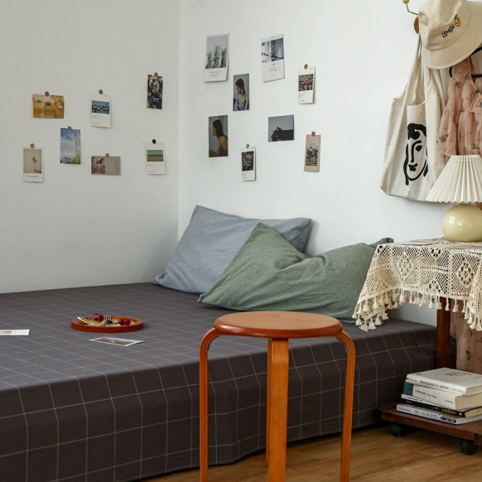 91家纺网 家纺一手货源 找家纺 安莱生活 2021新款色织全棉水洗棉单床单 灰白中格