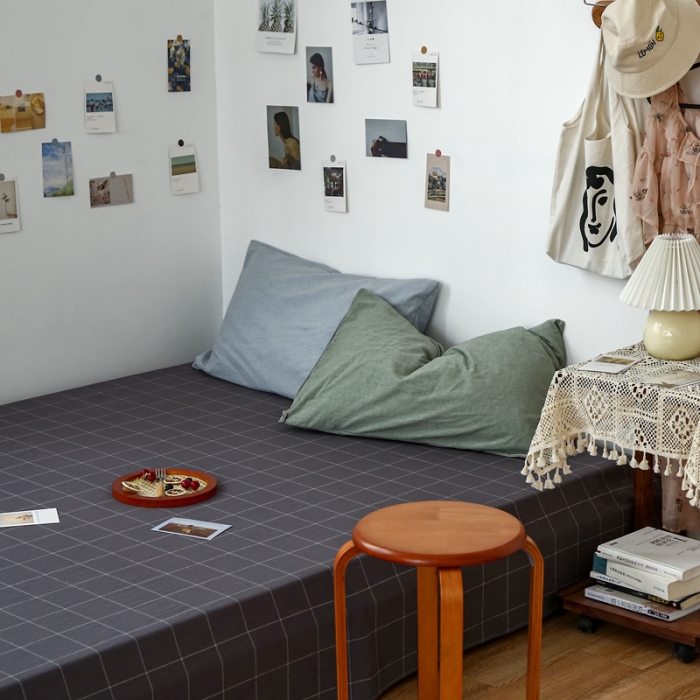 91家纺网 家纺一手货源 找家纺 安莱生活 2021新款色织全棉水洗棉单床单 灰白中格