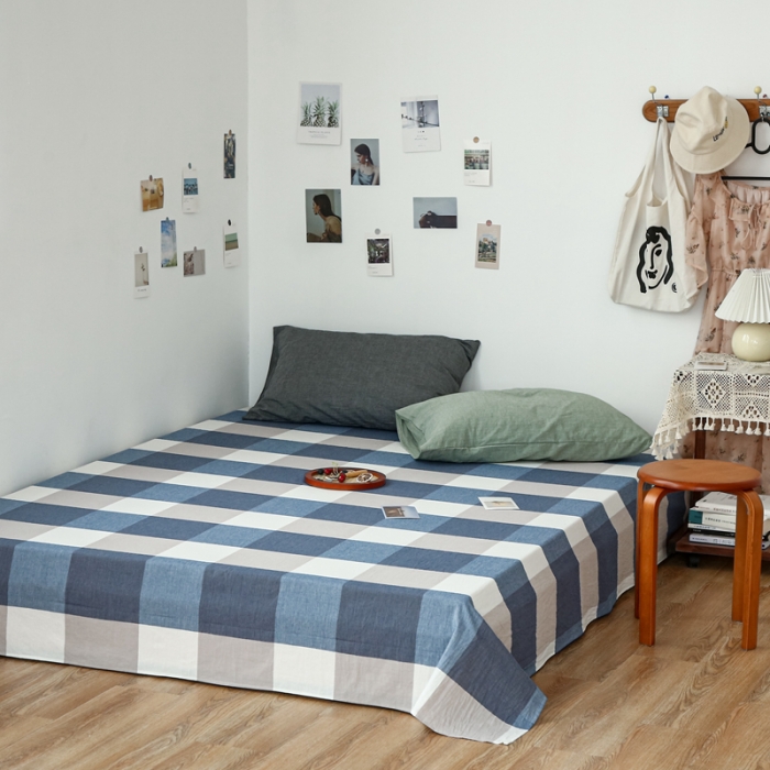 91家纺网 家纺一手货源 找家纺 安莱生活 2021新款色织全棉水洗棉单床单 蓝大格