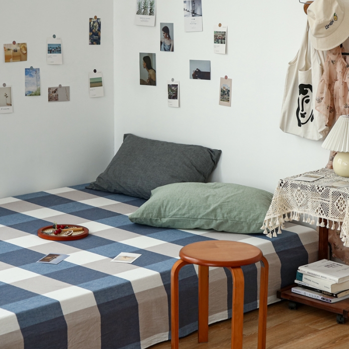 91家纺网 家纺一手货源 找家纺 安莱生活 2021新款色织全棉水洗棉单床单 蓝大格