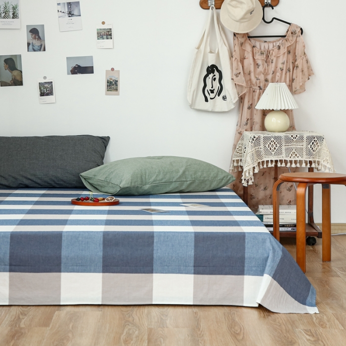 91家纺网 家纺一手货源 找家纺 安莱生活 2021新款色织全棉水洗棉单床单 蓝大格