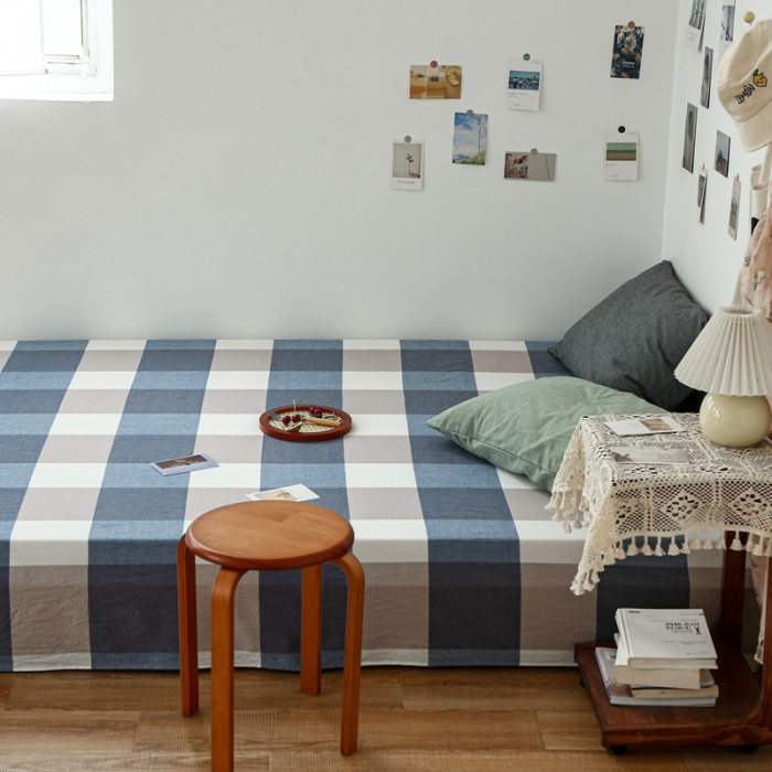 91家纺网 家纺一手货源 找家纺 安莱生活 2021新款色织全棉水洗棉单床单 蓝大格