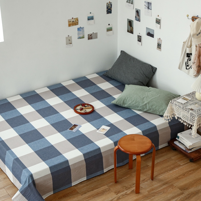 91家纺网 家纺一手货源 找家纺 安莱生活 2021新款色织全棉水洗棉单床单 蓝大格