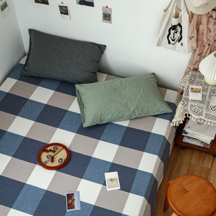 91家纺网 家纺一手货源 找家纺 安莱生活 2021新款色织全棉水洗棉单床单 蓝大格