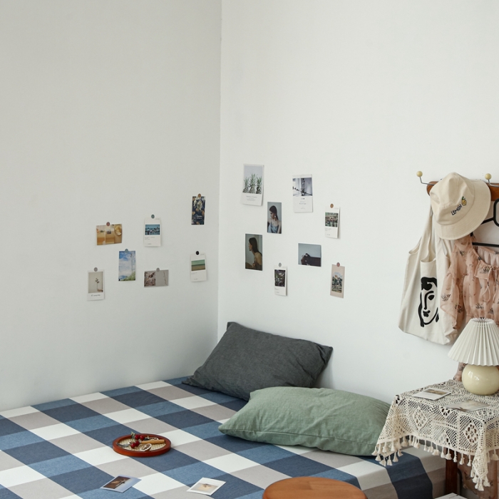 91家纺网 家纺一手货源 找家纺 安莱生活 2021新款色织全棉水洗棉单床单 蓝大格