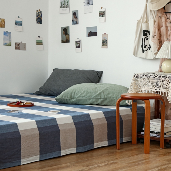 91家纺网 家纺一手货源 找家纺 安莱生活 2021新款色织全棉水洗棉单床单 蓝大格