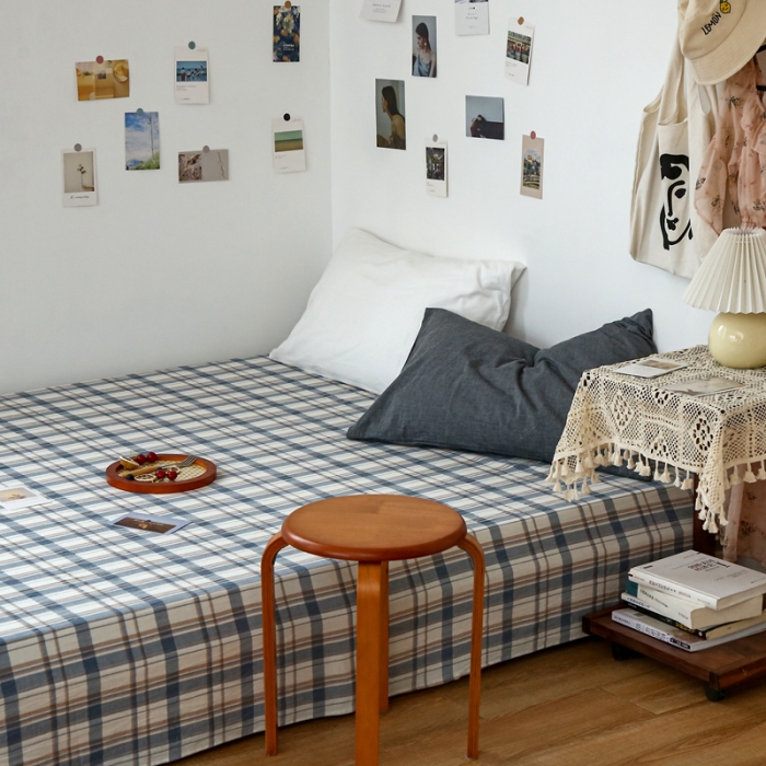 91家纺网 家纺一手货源 找家纺 安莱生活 2021新款色织全棉水洗棉单床单 蓝湛格