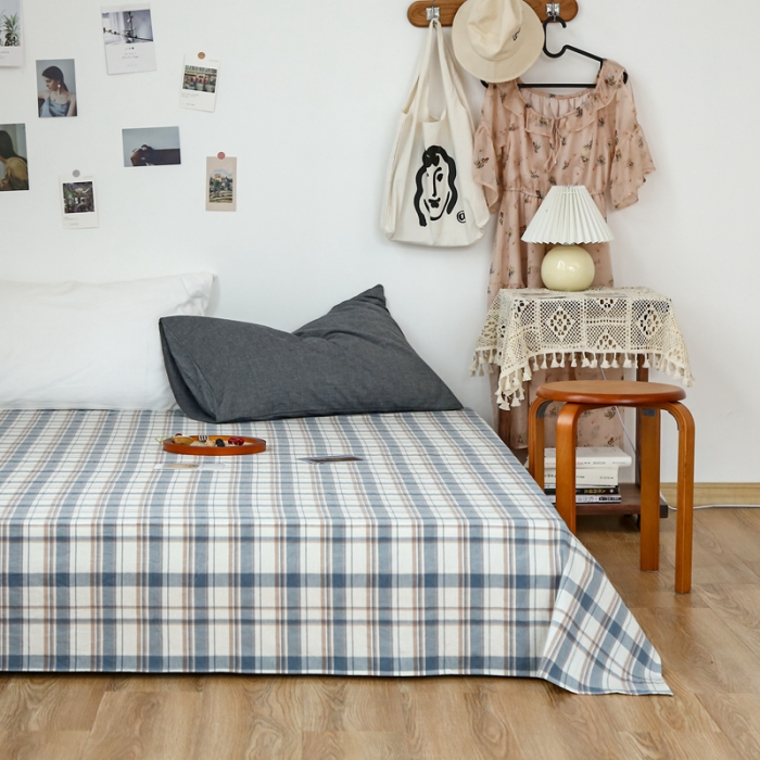 91家纺网 家纺一手货源 找家纺 安莱生活 2021新款色织全棉水洗棉单床单 蓝湛格