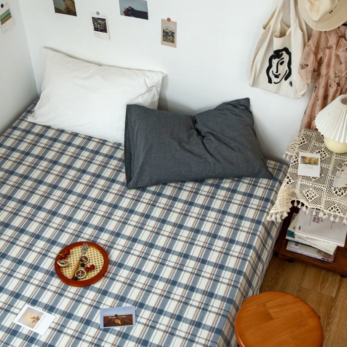 91家纺网 家纺一手货源 找家纺 安莱生活 2021新款色织全棉水洗棉单床单 蓝湛格