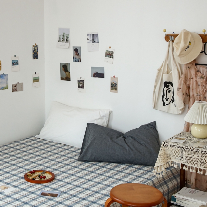 91家纺网 家纺一手货源 找家纺 安莱生活 2021新款色织全棉水洗棉单床单 蓝湛格