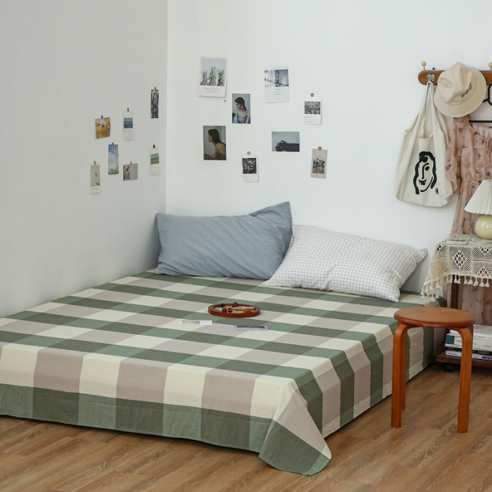 91家纺网 家纺一手货源 找家纺 安莱生活 2021新款色织全棉水洗棉单床单 绿大格