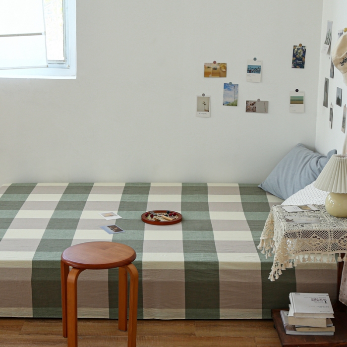 91家纺网 家纺一手货源 找家纺 安莱生活 2021新款色织全棉水洗棉单床单 绿大格