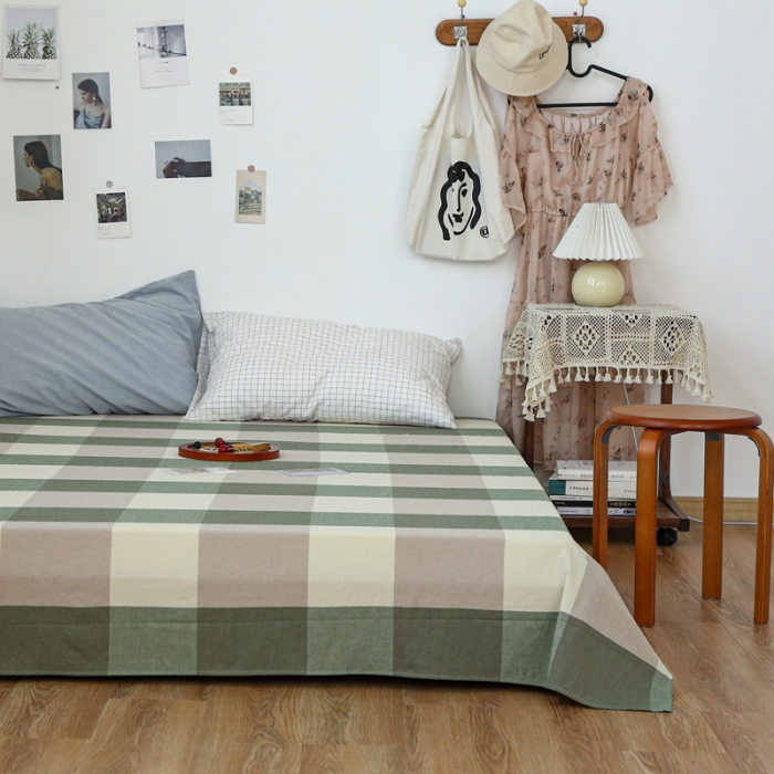 91家纺网 家纺一手货源 找家纺 安莱生活 2021新款色织全棉水洗棉单床单 绿大格