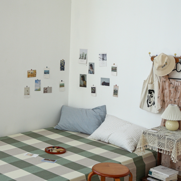 91家纺网 家纺一手货源 找家纺 安莱生活 2021新款色织全棉水洗棉单床单 绿大格