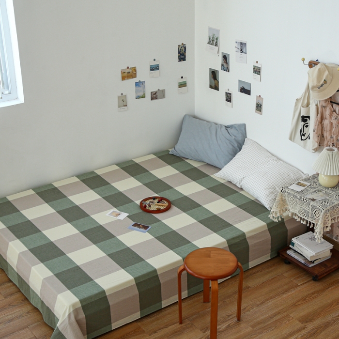 91家纺网 家纺一手货源 找家纺 安莱生活 2021新款色织全棉水洗棉单床单 绿大格