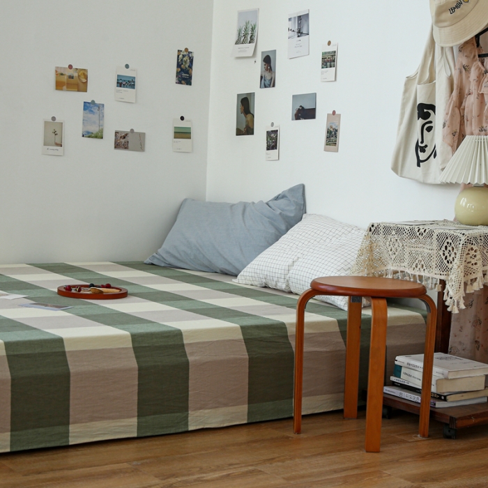 91家纺网 家纺一手货源 找家纺 安莱生活 2021新款色织全棉水洗棉单床单 绿大格