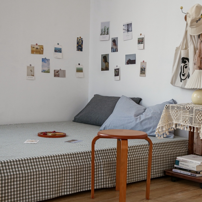 91家纺网 家纺一手货源 找家纺 安莱生活 2021新款色织全棉水洗棉单床单 绿小格